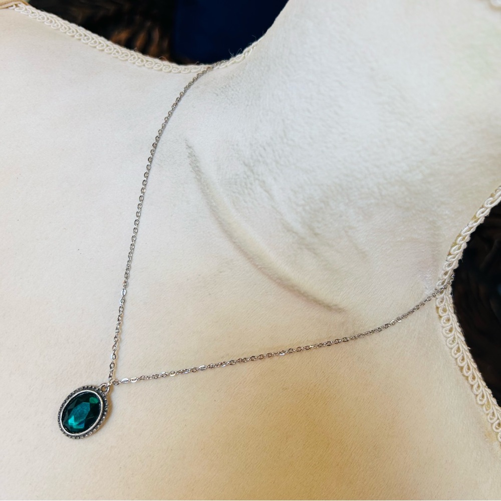 Handcrafted emerald green oval glass pendant on chain necklace